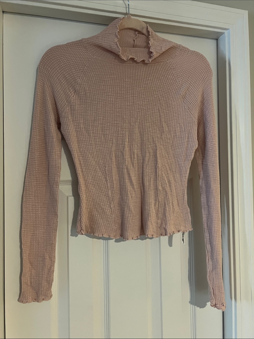 Free People Intimately Blush Waffle Knit Ruffle Mock Neck Long Sleeve Top